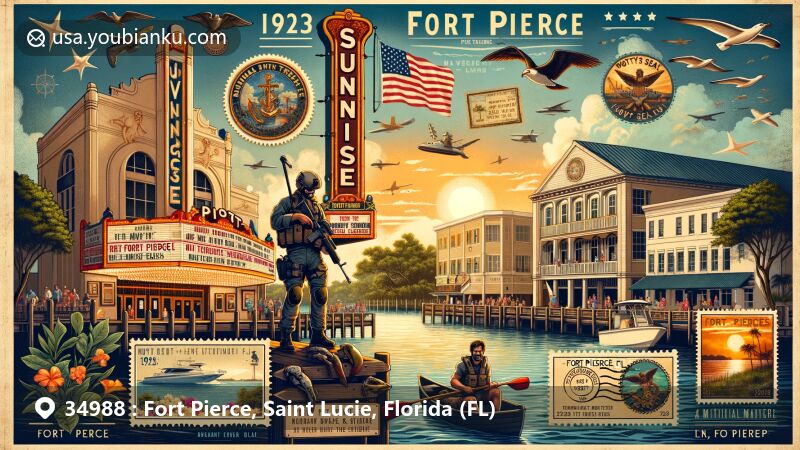 Modern illustration of Fort Pierce City Marina in Florida, capturing the vibrant atmosphere of the marina with boats, palm trees, and waterfront dining options.