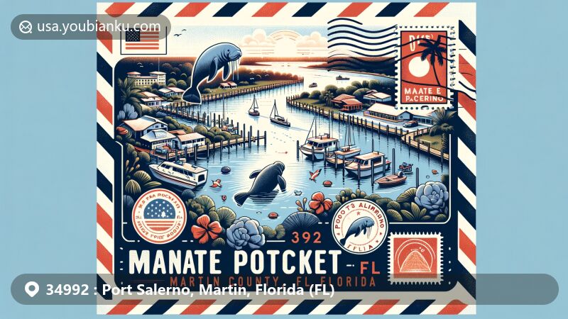 Modern illustration of Port Salerno, Martin County, Florida, highlighting postal theme with ZIP code 34992, featuring Manatee Pocket, fishing boats, and airmail envelope design, blending regional charm with postal nostalgia.