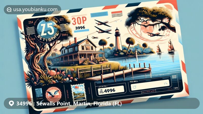 Modern illustration of Sewalls Point, Martin County, Florida, resembling an airmail envelope with ZIP code 34996, featuring Captain Henry Sewall’s House and scenic views of ancient oaks and waterways.