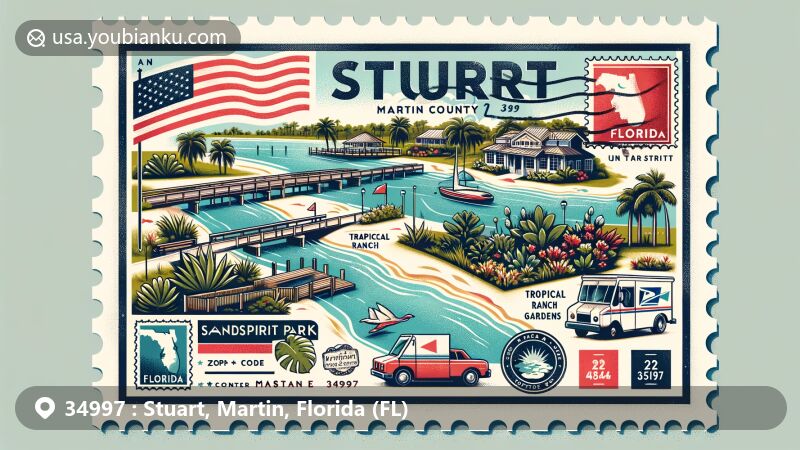 Modern illustration of Stuart, Martin County, Florida, blending unique geographical features with postal elements, showcasing Sandsprit Park, Tropical Ranch Botanical Gardens, and Florida state flag, in a postcard format with ZIP Code 34997.