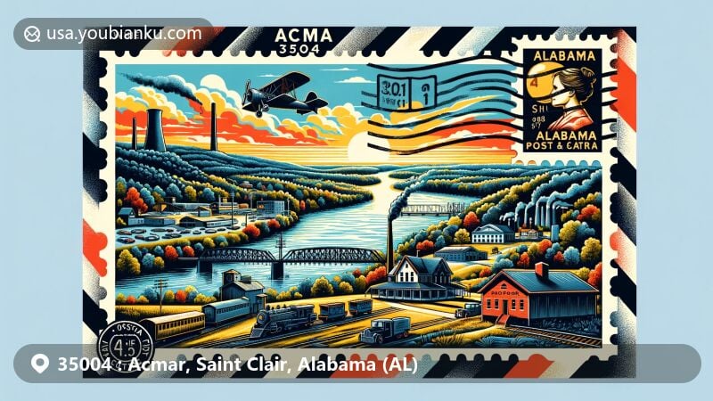 Modern illustration of Acmar, Saint Clair, Alabama (AL) featuring postal theme with ZIP code 35004, highlighting historical ties to coal mining and Cahaba River, showcasing vintage post office design and Alabama state symbols.
