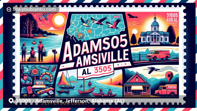 Creative rendition of Adamsville, Alabama, representing ZIP Code 35005 with a modern postcard theme, showcasing Jefferson County's outline, community atmosphere, historical sites, and outdoor activities like fishing, hunting, boating, and camping.