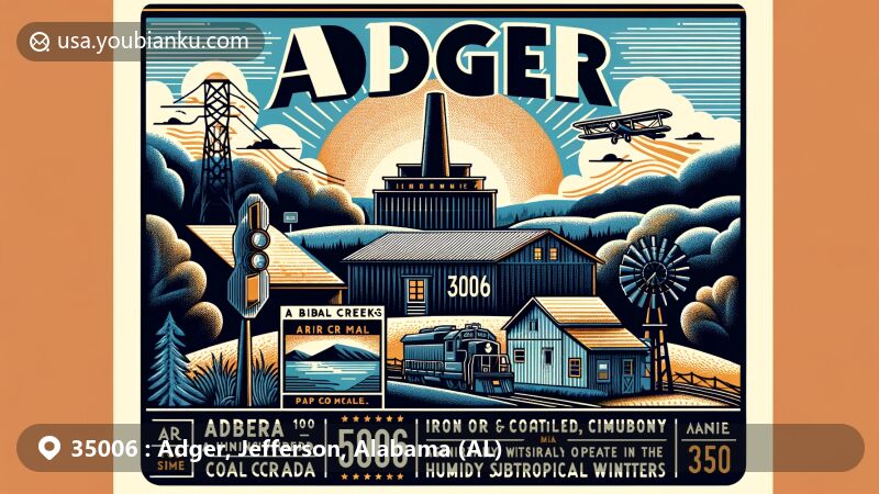 Modern illustration of Adger, Jefferson County, Alabama, showcasing postal theme with ZIP code 35006, featuring local mining history and climate, Blue Creek, and community resilience.