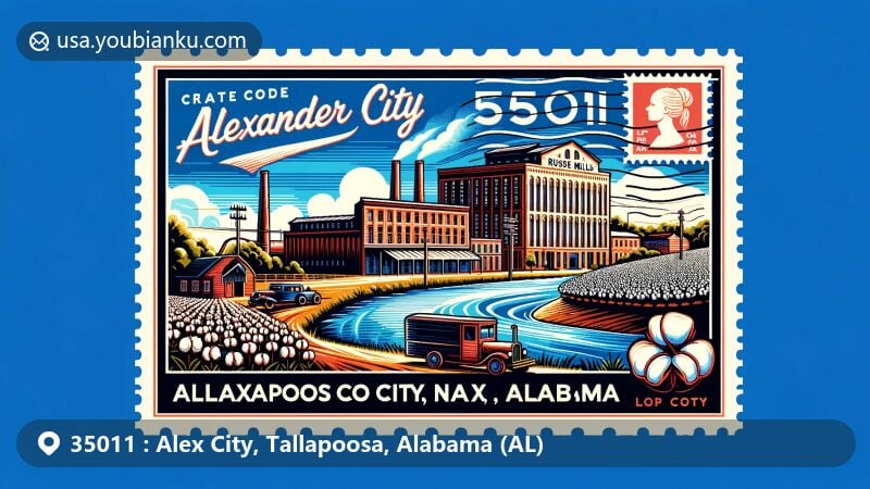 Modern illustration of Alexander City, Tallapoosa County, Alabama, showcasing postal theme with ZIP code 35011, featuring Russell Mills, Tallapoosa River, and cotton industry.