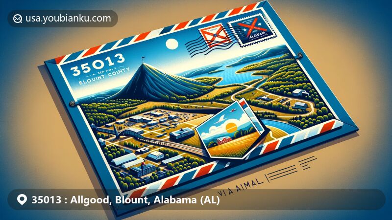 Modern illustration of Allgood, Blount County, Alabama, featuring a stylized airmail envelope with a map outline of Blount County and Alabama state flag, showcasing local landscape with rolling hills and Straight Mountain, enveloping ZIP code 35013 and town name Allgood.