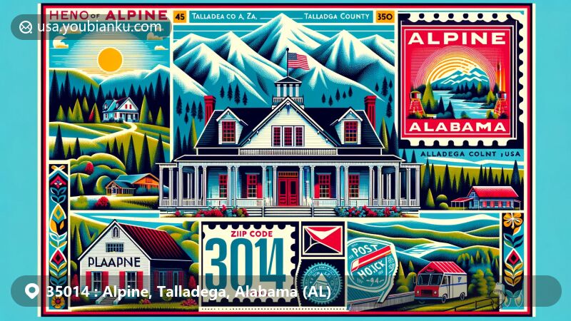 Modern illustration of Alpine area in Talladega County, Alabama, with ZIP code 35014, featuring iconic Alpine Plantation, postal elements, vintage postcard design, and postal motifs.
