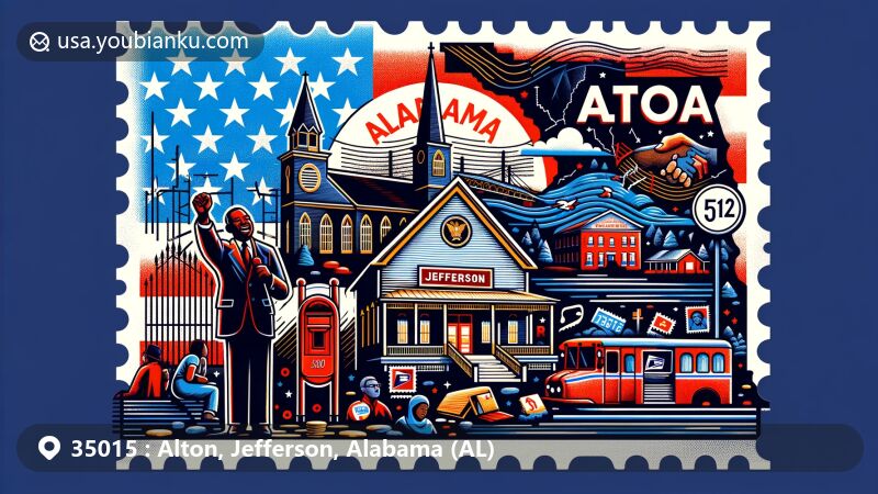 Modern illustration of Alton, Jefferson County, Alabama, showcasing postal theme with ZIP code 35015, featuring symbolic imagery of Alabama, outlined map of Jefferson County, and Bethel Baptist Church representing Civil Rights Movement.