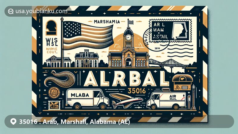 Modern illustration of Arab, Marshall County, Alabama, showcasing postal theme with ZIP code 35016, featuring Alabama state flag and Marshall County silhouette.