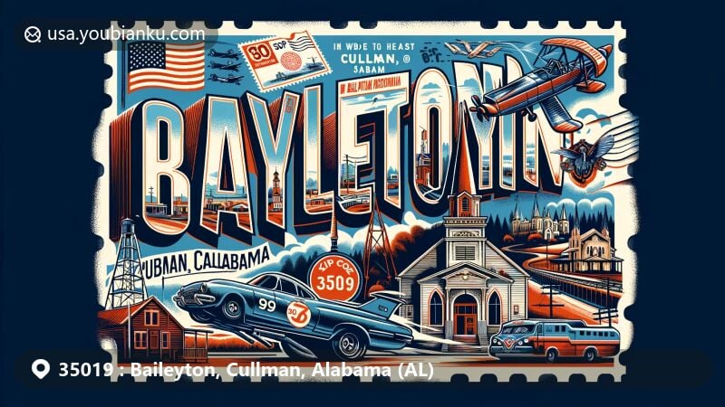 Modern illustration of Baileyton, Cullman County, Alabama, with postal theme and key landmarks like Good Time Drag Strip, United Methodist Church, and Cemetery, featuring Alabama state symbols and ZIP code 35019.