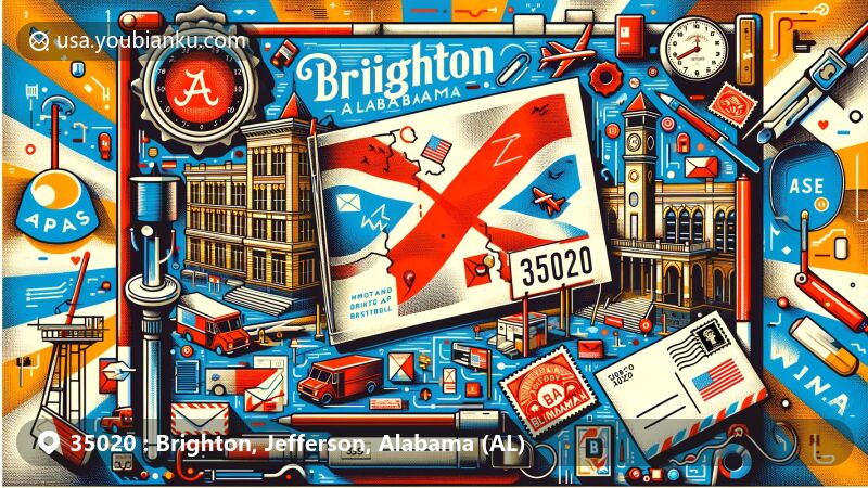 Modern illustration of Brighton, Jefferson, Alabama, presenting postal theme with ZIP Code 35020, featuring Alabama state flag, iconic city building, postal stamps, postmark, mail truck, and mailbox.