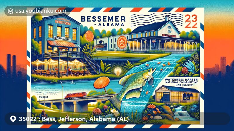 Creative postcard illustration of Bessemer, Alabama, with postal theme showcasing ZIP code 35022, featuring The Bright Star restaurant, Watercress Darter National Wildlife Refuge, and Bessemer Hall of History Museum.