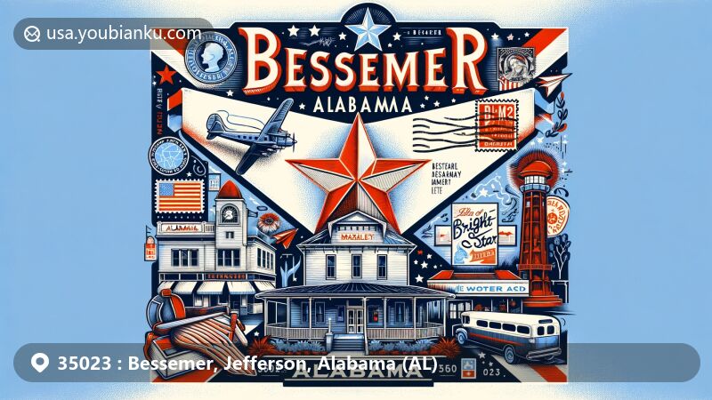 Modern illustration of Bessemer, Jefferson County, Alabama, portraying postal theme with ZIP code 35023, featuring iconic Bright Star restaurant and Alabama landmarks.