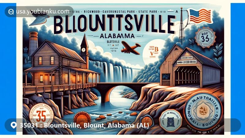 Modern depiction of Blountsville, Blount County, Alabama, with postal theme for ZIP code 35031, featuring Blountsville Historical Park, Rickwood Caverns State Park, and covered bridges, blending natural beauty with historical landmarks and engineering achievements.