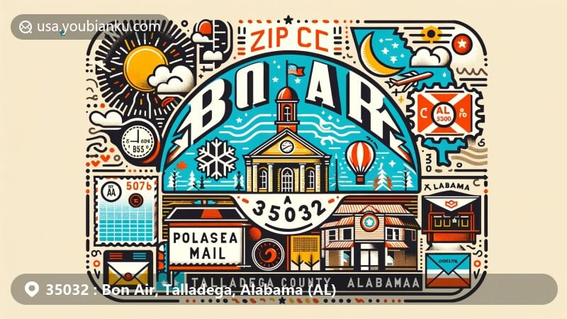 Modern illustration of Bon Air, Talladega County, Alabama, showcasing elements like the town hall landmark, postal symbols, and Alabama state flag, all representing ZIP code 35032.