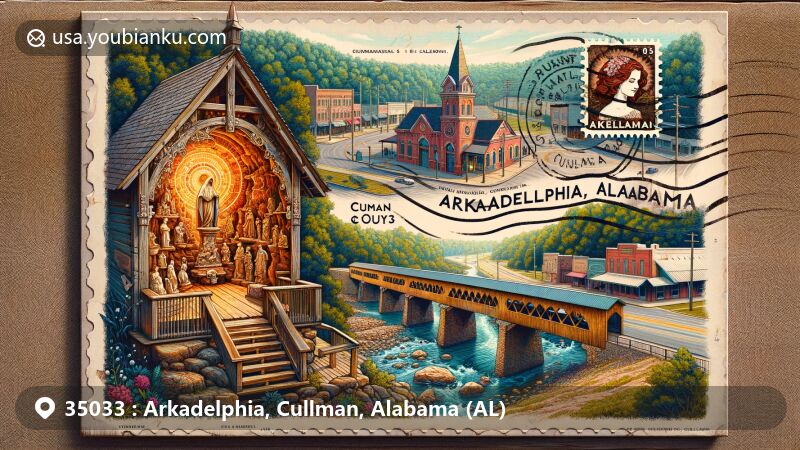Modern illustration of Arkadelphia, Cullman, Alabama, featuring Ave Maria Grotto, Clarkson Covered Bridge, Cullman Downtown Commercial Historic District, and vintage postal elements like stamp and postmark.
