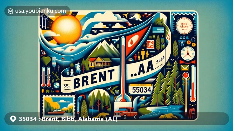 Modern illustration of Brent, Alabama, celebrating ZIP code 35034, showcasing local culture, climate, and postal heritage, including the Talladega National Forest, Alabama state flag, and diverse community symbols.