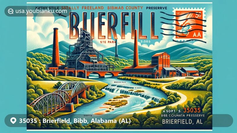 Modern illustration of Brierfield, Alabama, showcasing postal theme with ZIP code 35035, featuring iconic iron furnace from Brierfield Ironworks Historical State Park and natural scenery of Kathy Stiles Freeland Bibb County Glades Preserve.