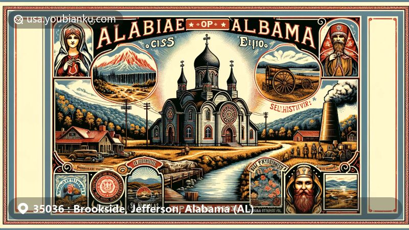 Modern illustration of Brookside, Alabama, capturing the essence of ZIP code 35036 with vintage postcard featuring St. Nicholas Russian Orthodox Church and town's mining history, Five Mile Creek, Appalachian Mountains, and Russian/Slavic Food Festival.