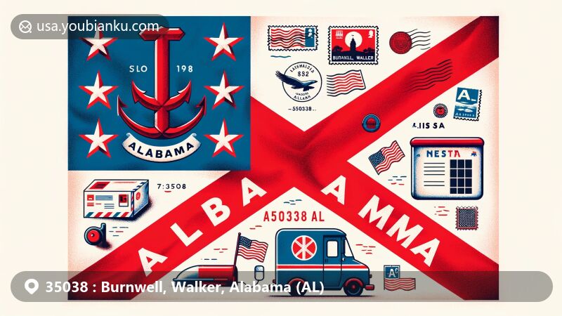 Modern illustration of Burnwell, Walker, Alabama, combining state symbols with postal elements, featuring a postcard with airmail envelope and vintage postal items.