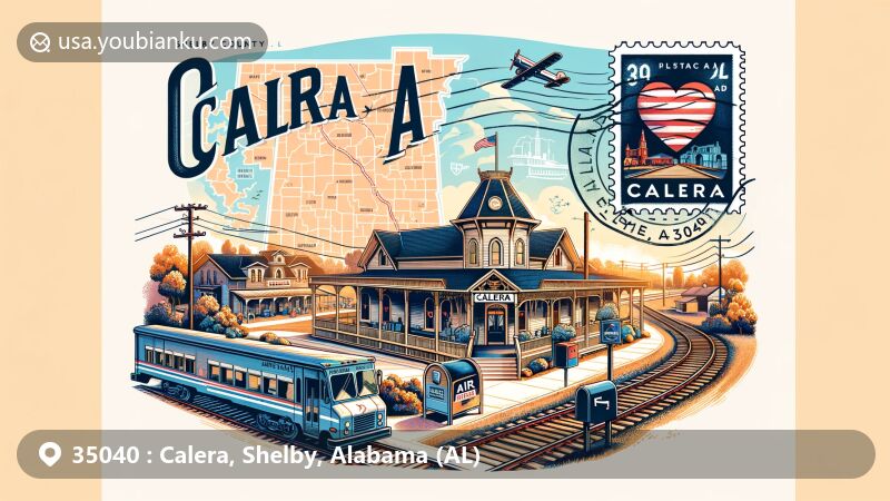 Modern illustration of the Heart of Dixie Railroad Museum in Calera, Alabama, featuring Shelby County outline, postage stamp, postmark 'Calera, AL 35040', mailbox, and mail truck.