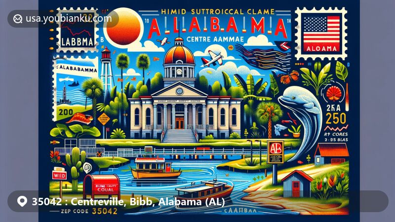 Creative and modern illustration of Centreville, Bibb County, Alabama, inspired by the humid subtropical climate with landmarks like Bibb County Courthouse, Lightseys Pond, and the Cahaba River, featuring Alabama state flag and postal elements with ZIP code 35042.