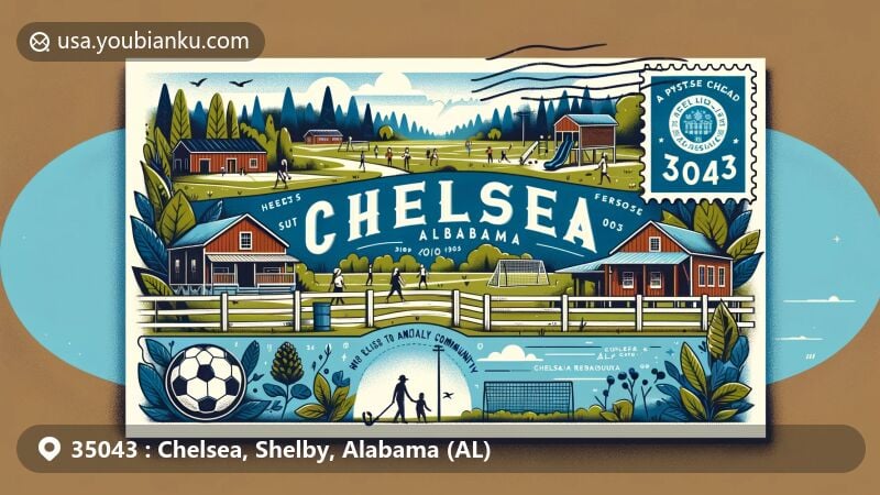 Modern illustration of Chelsea, Alabama, showcasing rural charm and outdoor activities like hiking and biking, reflecting a friendly community atmosphere with iconic Chelsea Recreational Park.