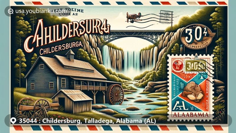 Modern illustration of the ZIP code 35044 in Childersburg, Alabama, highlighting DeSoto Caverns and Kymulga Grist Mill & Covered Bridge, featuring an airmail postcard with Alabama's state flag and postal elements.