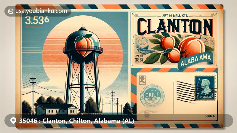 Modern illustration of Clanton, Alabama, featuring iconic peach-shaped water tower and vintage postcard with ZIP code 35046, blending peach farming heritage and postal elements.