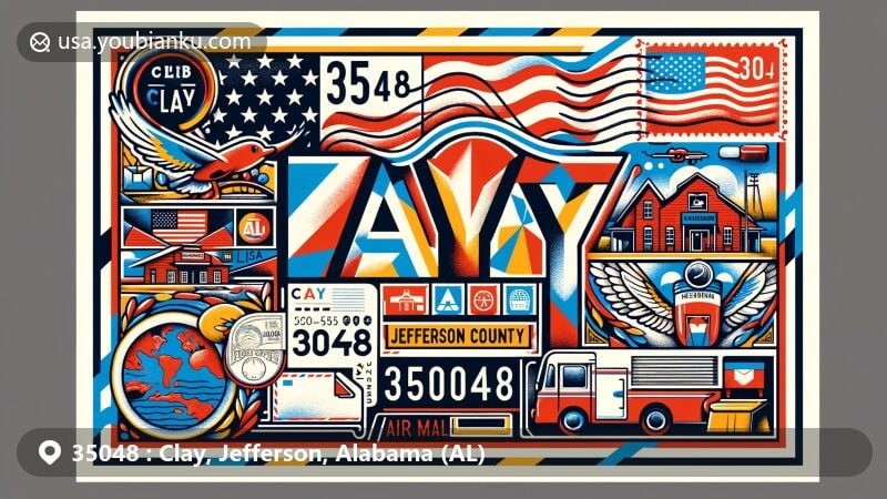 Modern illustration of Clay, Jefferson County, Alabama, highlighting ZIP code 35048, featuring Alabama state flag, Jefferson County outline, and local community symbols on a postcard or air mail envelope.