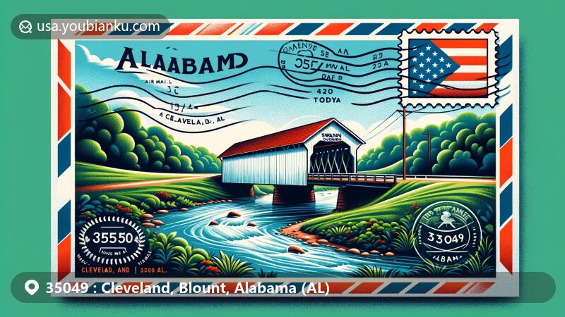 Modern illustration of Swann Covered Bridge in Cleveland, Alabama, showcasing rural charm with Alabama state flag and creative postcard elements.