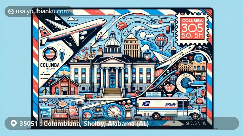 Modern illustration of Columbiana, Shelby County, Alabama, shaped like an air mail envelope, featuring key landmarks like Shelby County Courthouse, Shelby County Historical Society Museum, and Karl C. Harrison Museum of George Washington.