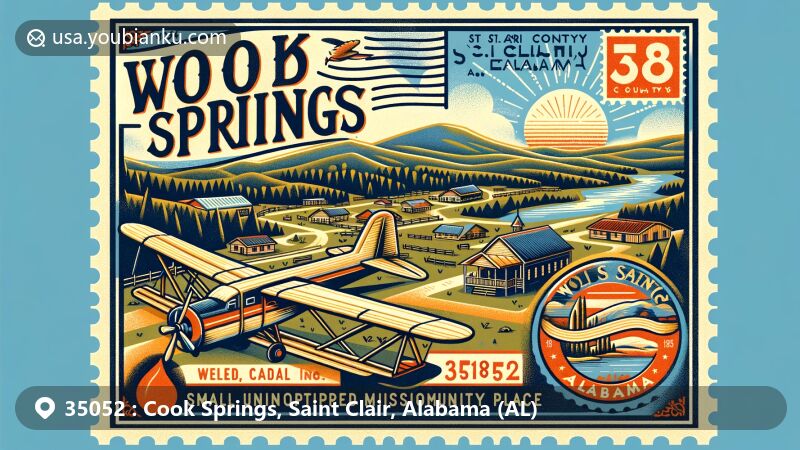 Modern illustration of Cook Springs, Saint Clair County, Alabama, capturing nature and missions essence, featuring WorldSong Missions Place, hilly terrain, and 'Bloody 20' ridges along Interstate 20, vintage air mail theme with ZIP code 35052, and Alabama state symbol.