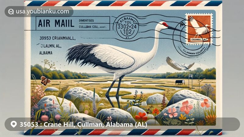 Modern illustration of Crane Hill, Alabama, showcasing postal theme with ZIP code 35053, featuring landscape, a Sandhill Crane, wildflowers, and simulated postmark with Alabama state flag and Cullman County outline.