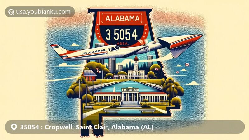 Modern illustration of Cropwell, Saint Clair County, Alabama, featuring Lakeside Park and postal elements with ZIP code 35054, highlighting the Alabama state flag and geographical pride.