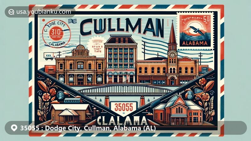 Modern illustration of Dodge City, Cullman, Alabama, featuring a postal theme with ZIP code 35055, showcasing local landmarks and cultural elements such as historic downtown Cullman architecture, Stiefelmeyer's Building, and Sacred Heart of Jesus Catholic Church.