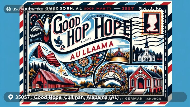 Modern illustration of Good Hope, Cullman, Alabama, with iconic landmarks like Ave Maria Grotto and Clarkson Covered Bridge, featuring Alabama state flag and ZIP code 35057.
