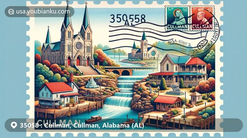 Lively depiction of Cullman, Alabama, set on a vintage air mail envelope with postal theme and ZIP code 35058, featuring Ave Maria Grotto, historic downtown scene, Sacred Heart of Jesus Catholic Church, Cullman County Museum, red mailbox, and postmark.