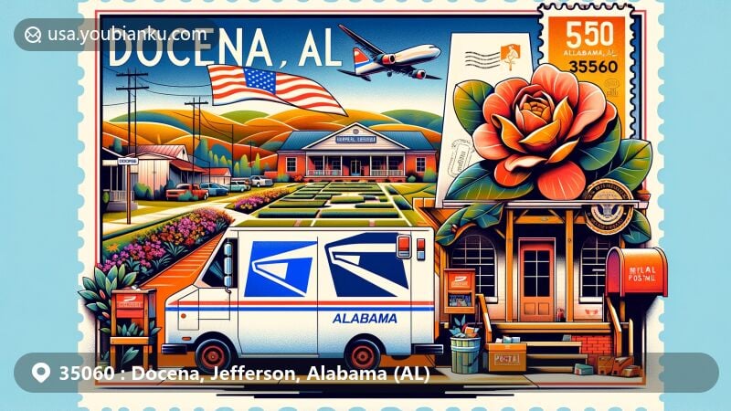 Modern illustration of Docena, Alabama, with postal elements on air mail envelope, featuring stylized map, Alabama state flag, Camellia flower stamp, and USPS symbols.