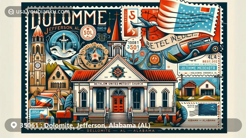 Modern illustration of Bethlehem United Methodist Church in Dolomite, Alabama, showcasing historical significance with Alabama state symbols and postal elements like vintage postage stamp and postmark.