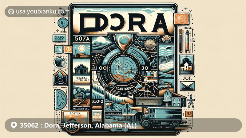 Modern illustration of Dora, Alabama showcasing postal theme with ZIP code 35062, featuring geographic location, historical landmarks, and symbols representing its coal mining past.