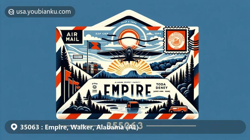 Modern illustration of Empire, Walker County, Alabama, showcasing postal theme with ZIP code 35063, featuring Black Warrior River and natural beauty of Cumberland Plateau.