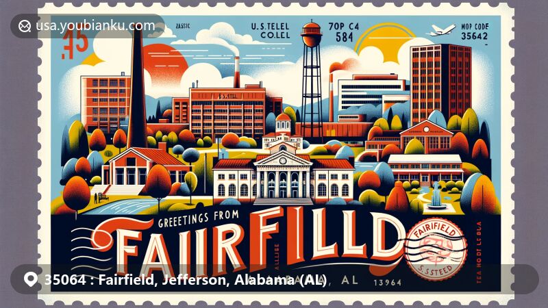 Modern illustration of Fairfield, Jefferson County, Alabama, representing ZIP code 35064, featuring Miles College, U.S. Steel Fairfield Works, local beauty, and postal elements.