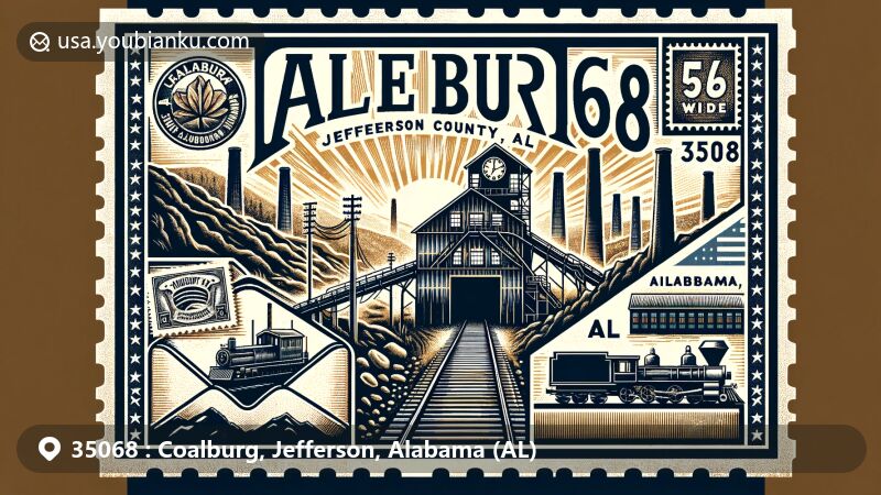 Modern illustration of Coalburg, Jefferson County, Alabama, showcasing postal theme with ZIP code 35068, featuring coal mining history and connection to Sloss Furnaces.