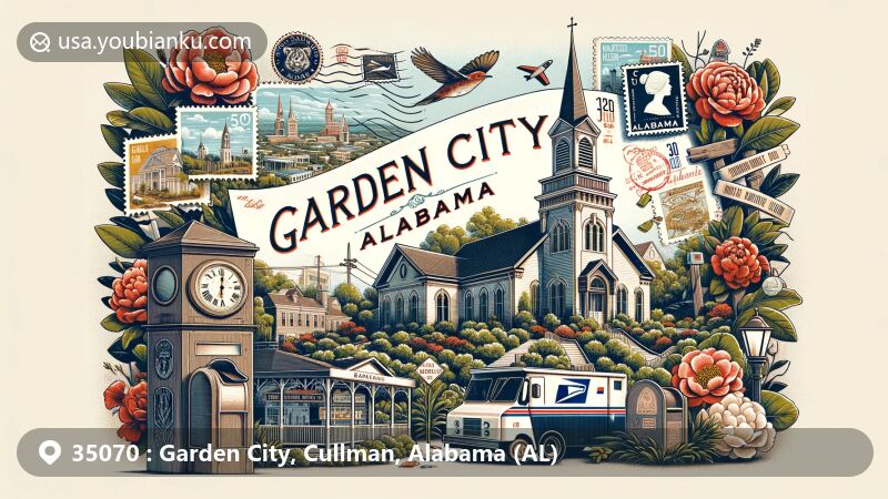 Modern illustration of Garden City, Alabama, blending postal theme with local landmarks like Bangor United Methodist Church and lush greenery, featuring vintage postcard and Alabama state symbols.