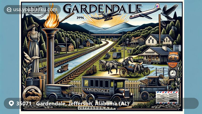 Modern illustration of Gardendale, Jefferson, Alabama, featuring postal theme with ZIP code 35071, showcasing historical milestones like the Olympic torch passage in 1996 and the 19th-century stagecoach route, and highlighting contemporary features such as interstates I-65 and I-22, set against the backdrop of the Appalachian foothills and lush landscapes.