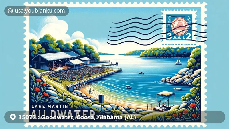 Modern illustration of Goodwater, AL, showcasing Lake Martin and lush landscapes in the background, with a cultural stage symbolizing local events, and postal elements like a stamp and postal van, featuring ZIP code 35072.