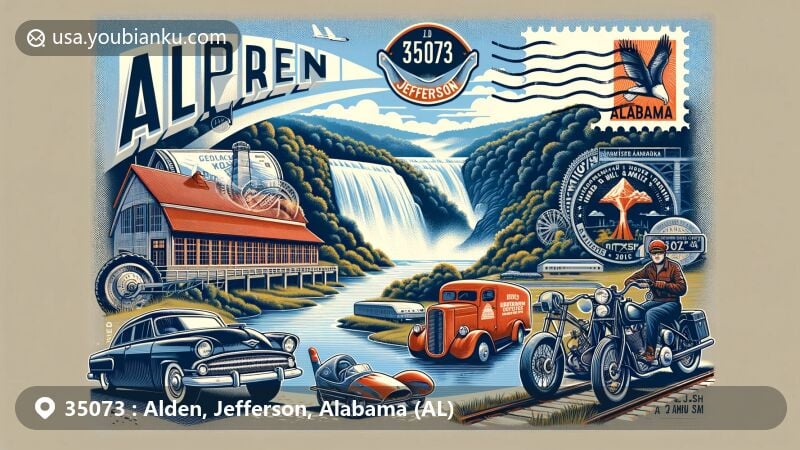 Modern illustration showcasing ZIP code 35073 for Alden, Jefferson, AL, with Turkey Creek Nature Preserve, Barber Vintage Motorsports Museum, and postal theme.
