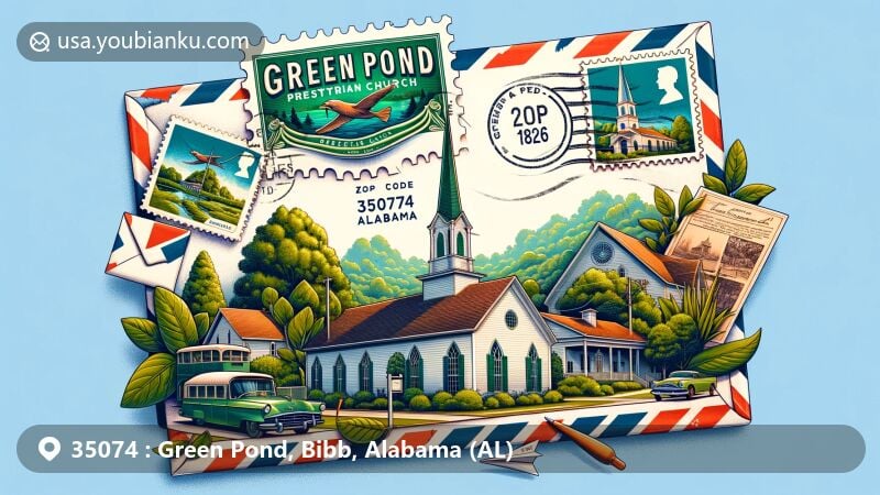Modern illustration of Green Pond, Alabama, showcasing postal theme with ZIP code 35074, featuring Green Pond Presbyterian Church and lush greenery.
