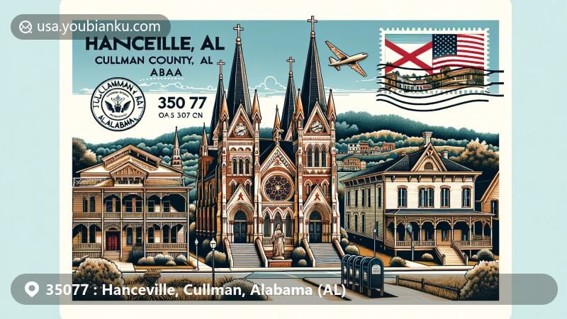Modern illustration of Cullman, Alabama, capturing the charm of a small southern town with historic buildings and scenic beauty.