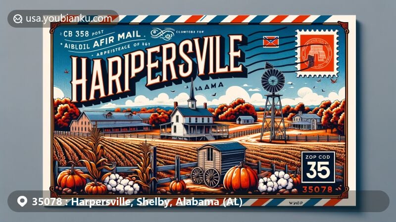 Modern illustration of Harpersville, Shelby County, Alabama, featuring iconic symbols like Old Baker Farm, Civil War forts, and scenic landscapes, with a postal theme showcasing ZIP code 35078.